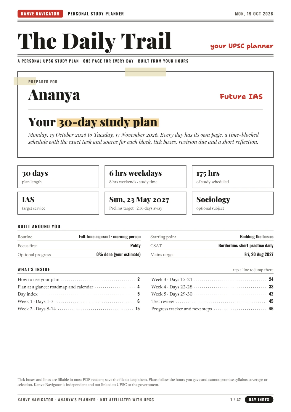 Sample plan page: the cover